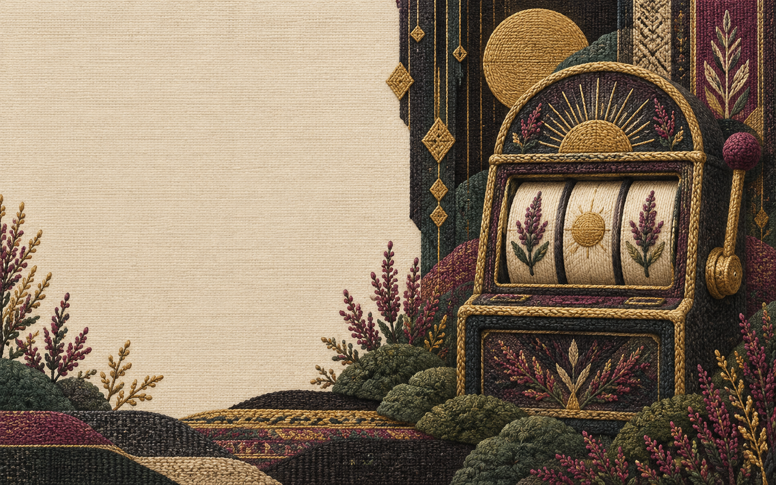 A woven tapestry scene with a stylised game cabinet, heather motifs and golden threads