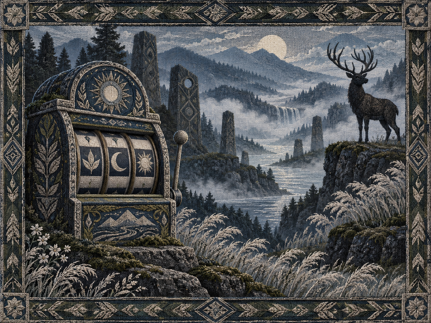 A stag in a misty woven valley near a stylised game cabinet