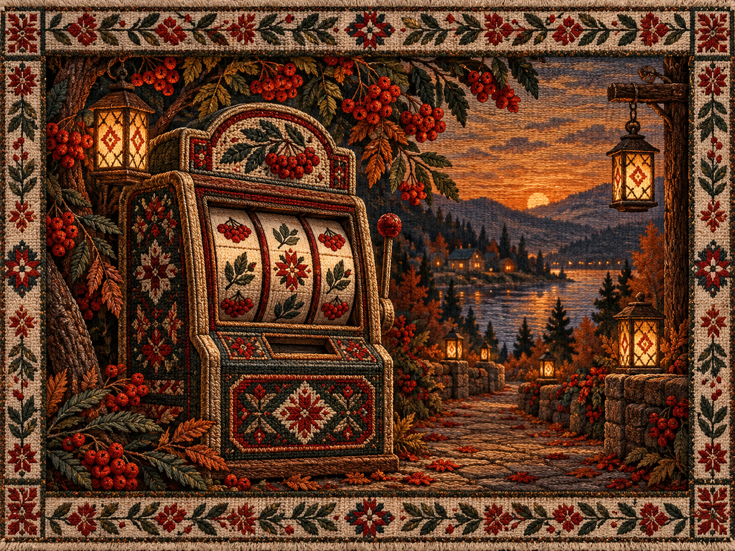 Warm lanterns and rowan berries around a stylised game cabinet