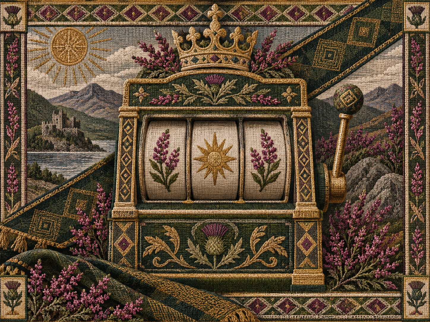 A woven crown and heather around a stylised game cabinet